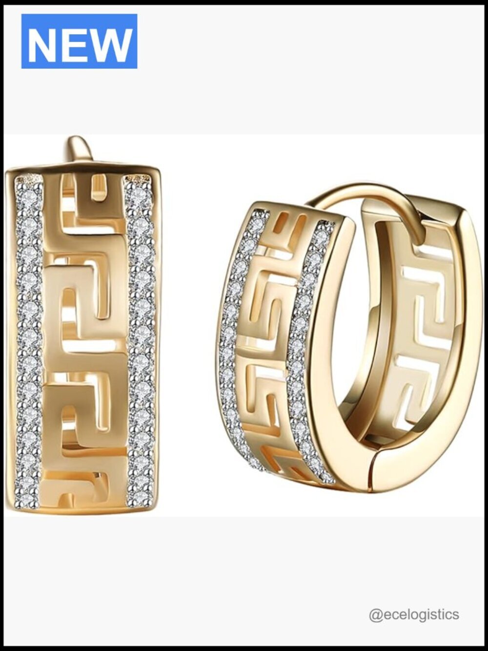 14K Gold Plated Cubic Zirconia Three Row Hoop Earrings Huggie Style
